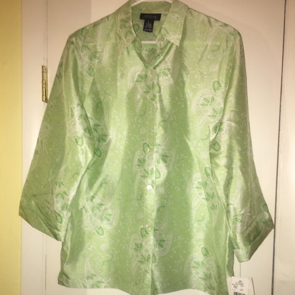 Jones New York Signature Light Green Silk Blouse L